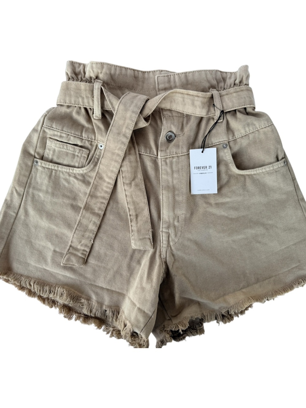 Forever 21 Tan High-Waist Paperbag Belted Denim Shorts